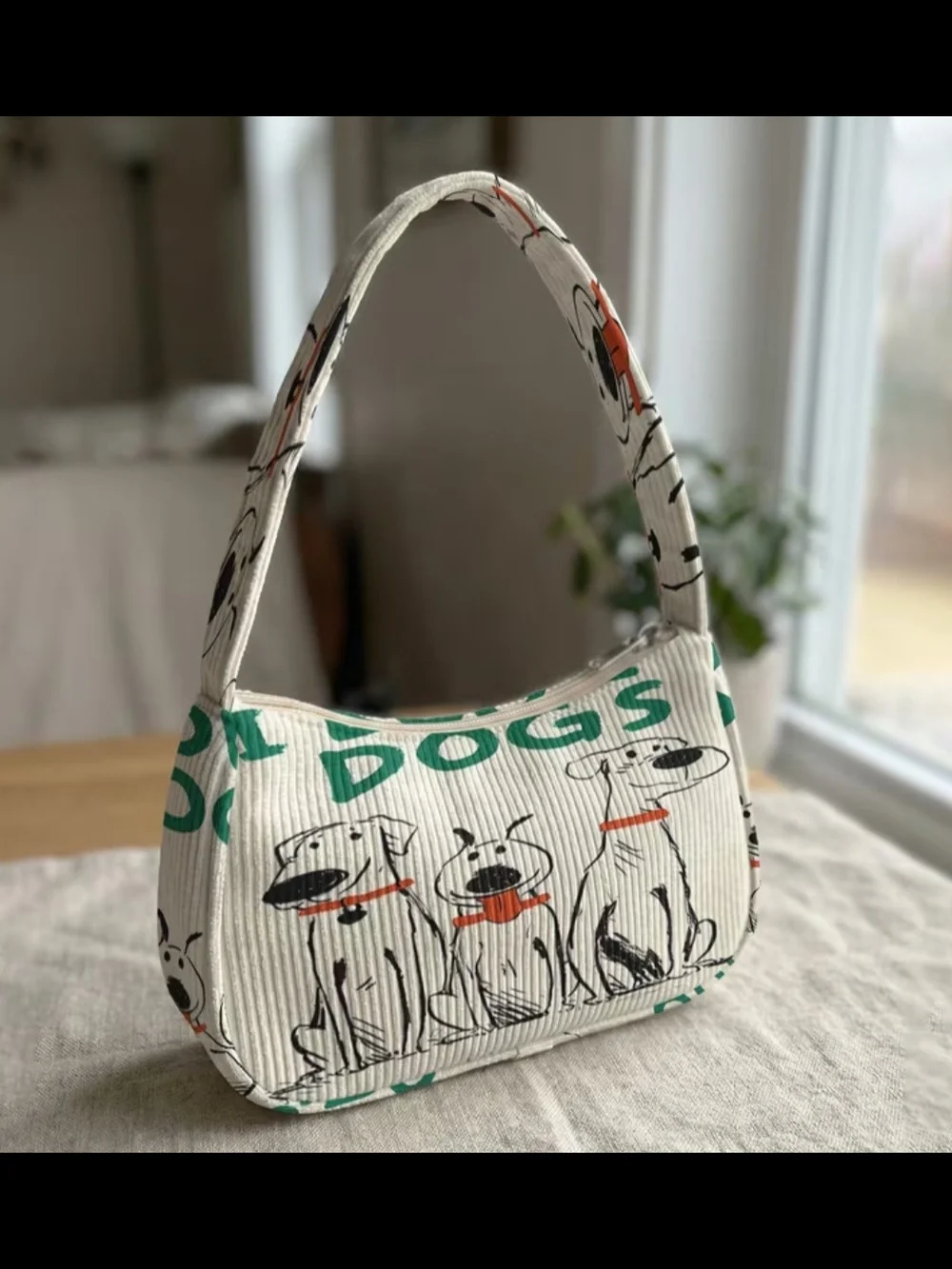 Adorable Cordoury Dog Print Shoulder Bag in Cream